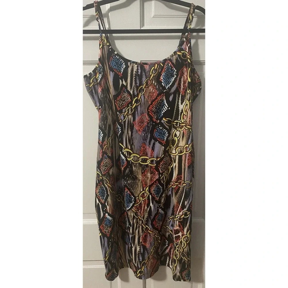 Love J 2X Sleeveless A-Line Dress Chain Print Abstract Stretch Swing Plus Size - Picture 2 of 10